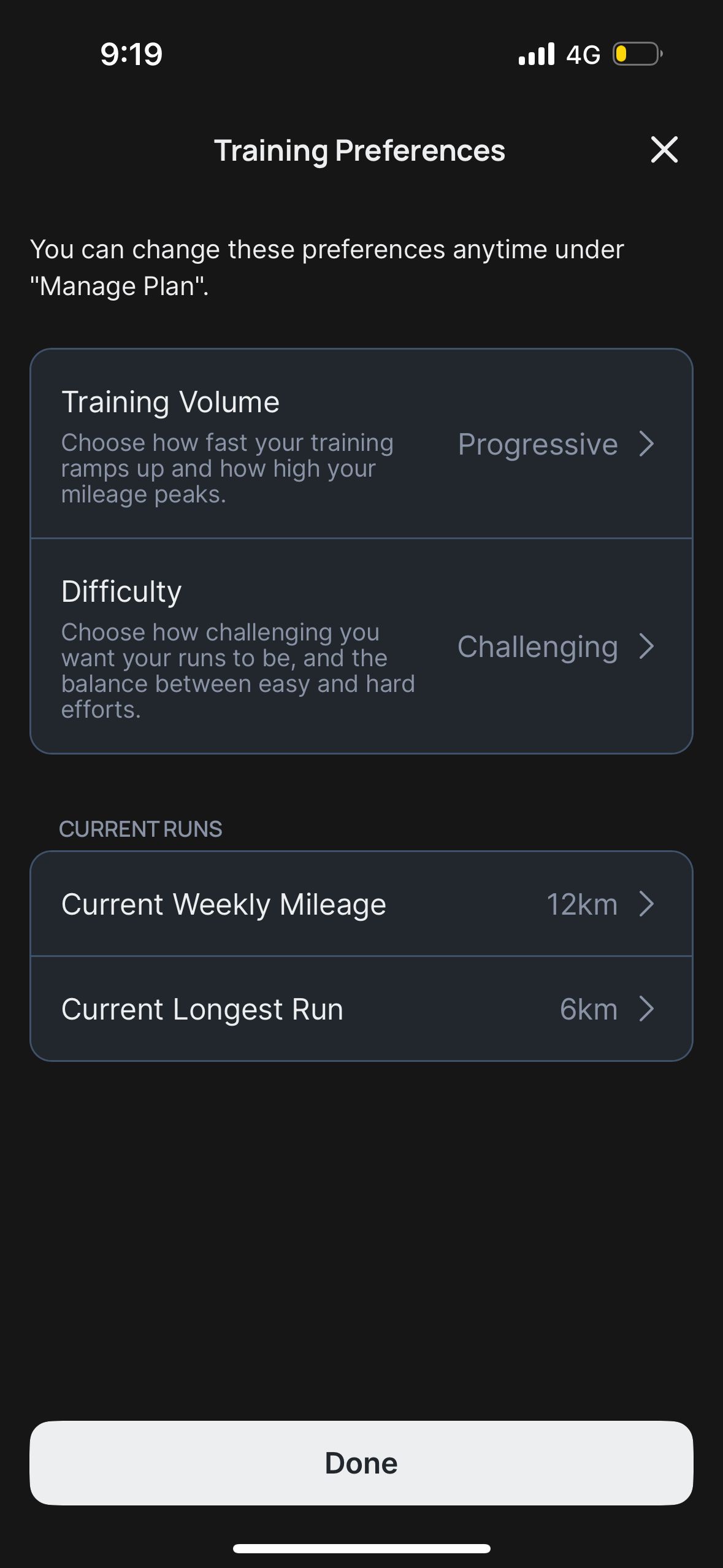 Settings (Runna)