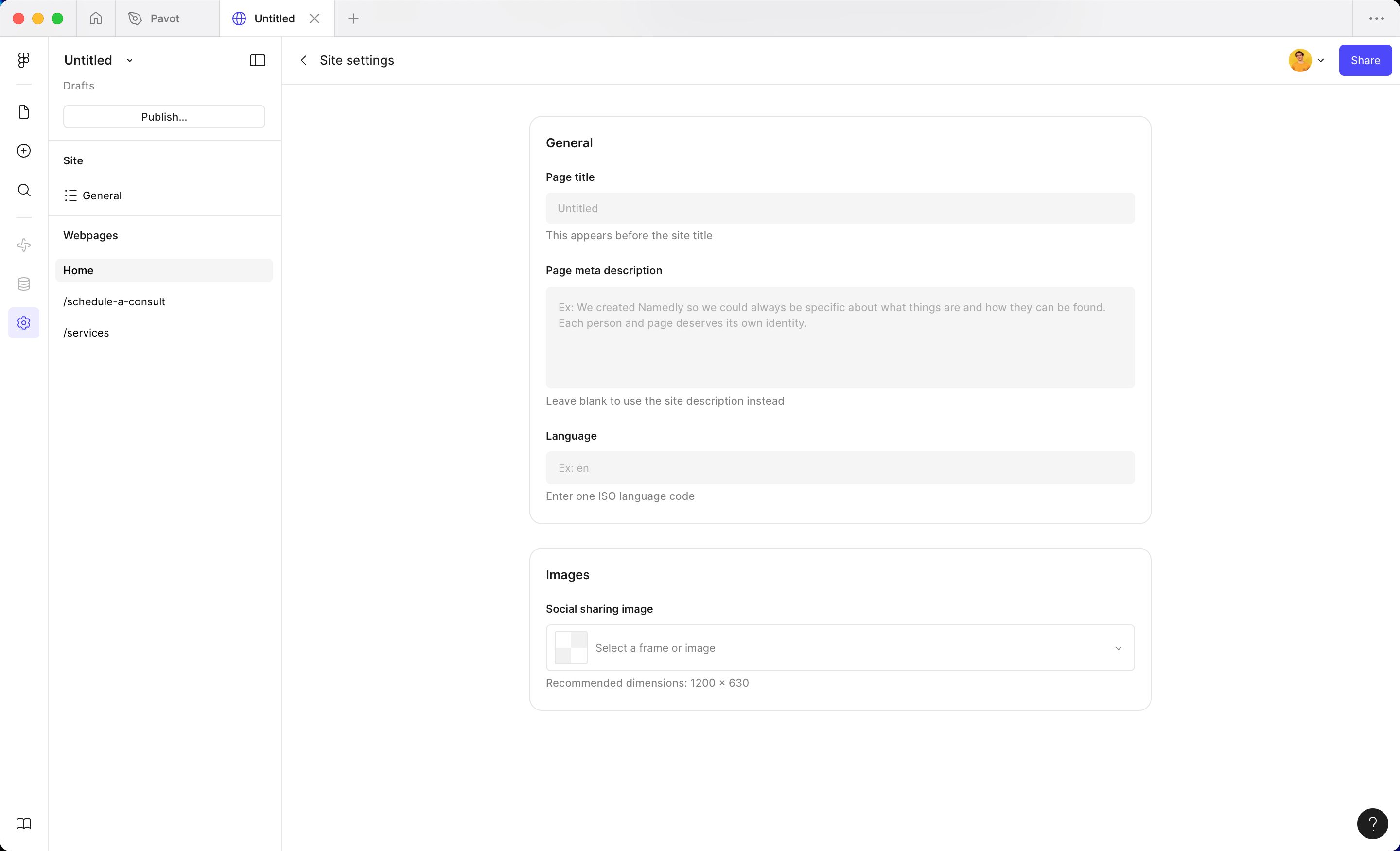 Settings panel (Figma Sites)