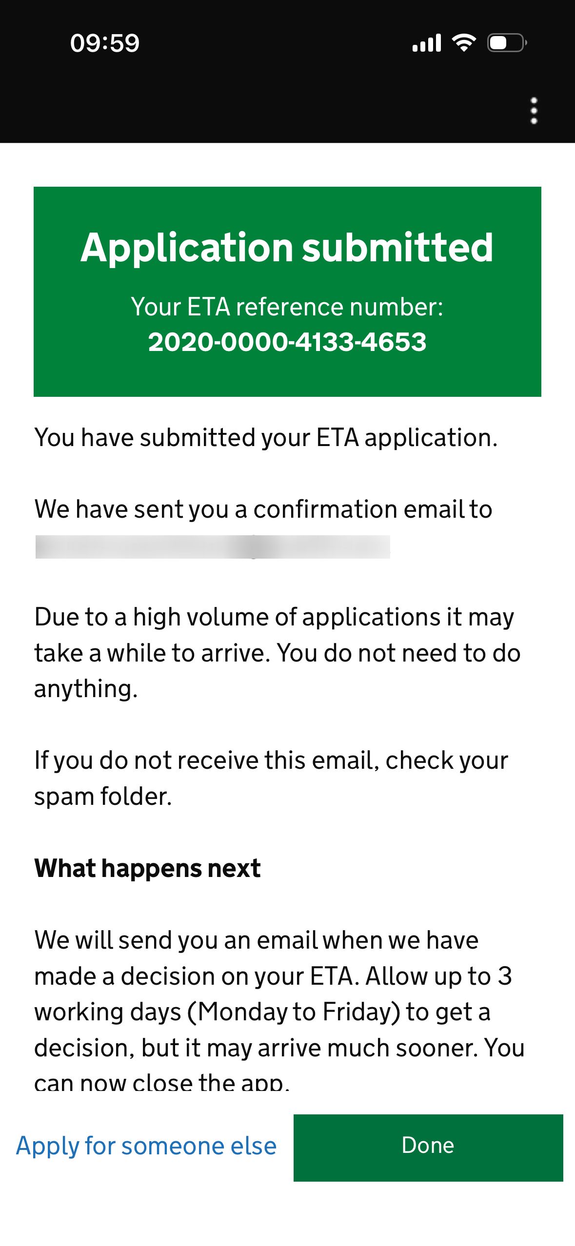 confirmation screen (UK ETA)